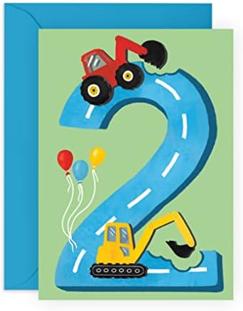 כרטיס יום הולדת שני 23 מרכזי לבנים-יום הולדת 2 שמח-גיל 2-בן שנתיים-כרטיס ברכה לטרקטורים - כרטיס כיף בנושא רכב בנייה לילדים-בן, נכד, פעוט