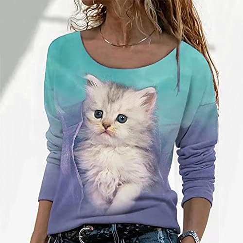 KCJGIKPOK נשים חתול חמוד מודפסות חולצות שרוול ארוך אופנה סווטשירט סווטשירט סוודר סוודר חולצות רופפות מזדמנים