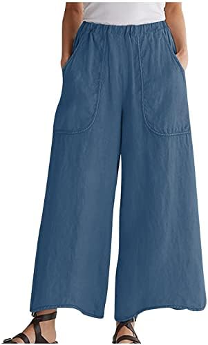 Oplxuo מכנסי רגל רחבים רופפים לנשים מכנסי פשתן כותנה מזדמנים מותניים גבוהים זורמים תחתונות פעמון מכנסי טרקלין עם כיסים