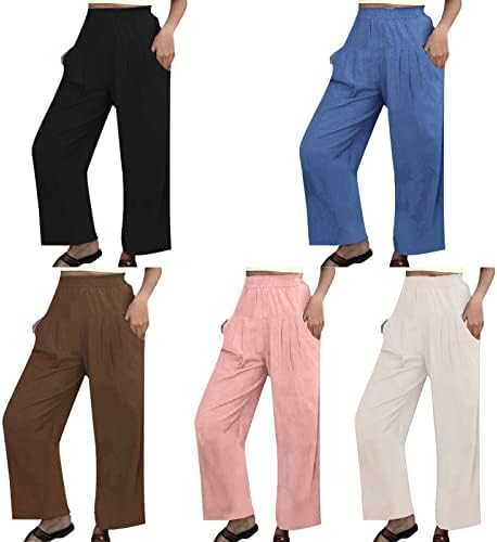 מכנסי פשתן של יאנגקיג'י לנשים מכנסי מותניים גבוהים מזדמנים מכנסיים מכנסיים ברגליים רופפות מכנסיים עם כיסים