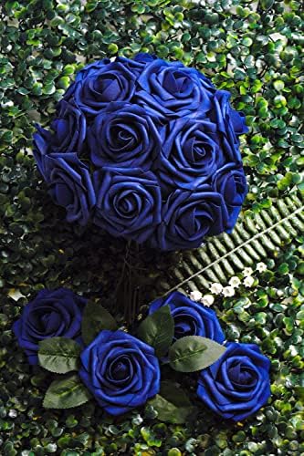 Cosybeau Royal Blue Roses פרחי ורדים מזויפים מלאכותיים 50 יח 'w/גזע לקישוטים ליום האהבה זרי חתונה סידורי סידורי מסיבה עיצוב הבית