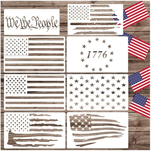 8 יחידות סטנסיל דגל אמריקאי סטנסיל We The People Stensil לשימוש חוזר 13 כוכבים 1776 תבניות סטנסיל כוכב 50 כוכבים סטנסיליות דגל אמריקאי לציור על קירות עץ קירות בד נייר בד.