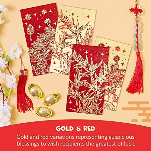 ראש השנה הסיני מעטפות אדומות - חבילות אדומות סיניות של 36 ספירות, הונג באו עם עיצוב נייר זהב, מעטפות כספי מתנה, פרחים ובמבוק