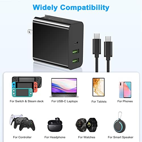 מטען USB C עבור סיפון קיטור, 65W 45W 3 יציאה מהיר PD מתאם חשמל מתקפל עבור סיפון זרם עם כבל C 6.6ft C, מטען נסיעות תואם למתג Nintendo/Xbox/PS5/Tablet/Comp