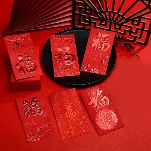 36 יחידות סיני אדום מעטפות, חדש שנה הונג באו עם פו דקור, 2023 חדש שנה מזל כסף כיסים לכל אירוע, עם שונה פו דפוסים, 6.5 * 3.5