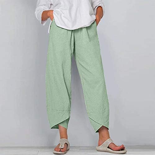 מכנסי פשתן של Gufesf לנשים פלוס מכנסי קפריס בגודל פשתן כותנה רגל רחבה קיץ מזדמן קיץ נוח מכנסי יבול רופפים