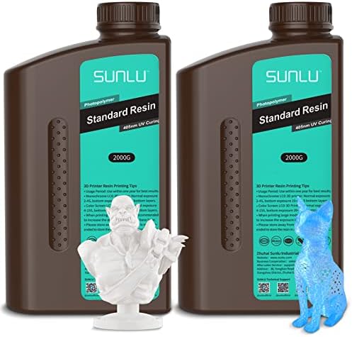 Sunlu 3D מדפסת שרף 2 קג לבן וסונלו 3D מדפסת שרף 2 קג כחול ברור, 2000 גרם פוטופולימר סטנדרטי 405 ננומטר שרף ריפוי UV עבור 4K/8K LCD/DLP/SLA מדפסת 3D 3D