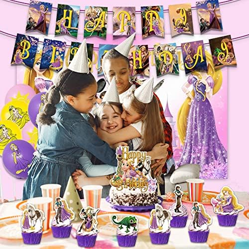 רפונזל מסיבת יום הולדת קישוט אספקת כולל רקע באנר, בלונים, עוגת טופר עבור ילדה המפלגה לטובת
