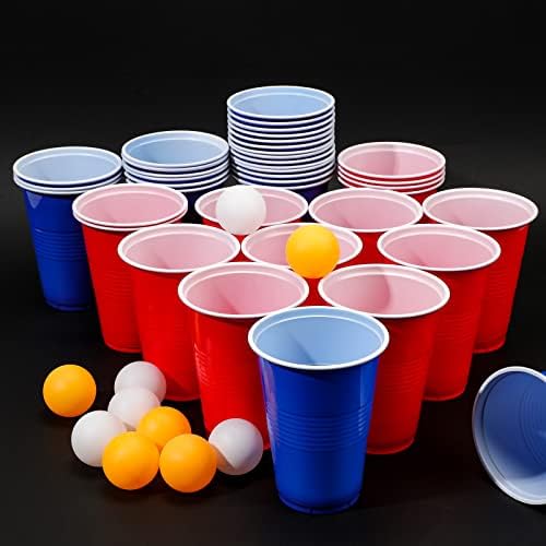 CHENGU 60 PCS שולחן טניס כדור טניס סט שולחן טניס סט משחק 50 כוסות טניס שולחן פלסטיק כולל 25 אדום 25 כחול, 10 כדורים למשחקי מסיבת ליל כל הקדושים