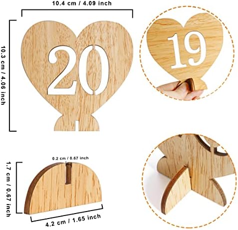 מספרי שולחן מעץ, צורת לב של Bravone 1-20 מספרי שולחן חתונה עם מחזיק בסיס כפרי חלול חיל