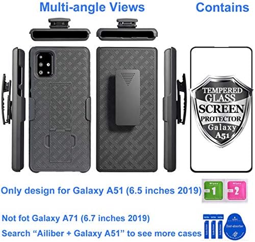 מקרה Ailiber Samsung Galaxy A51 עם מגן מסך, נרתיק קליפ חגורה של גלקסי A51, מחזיק עמדות בעיטה מחוספס גוף מלא שריון אטום זעזועים זעזועים רזה מכסה אביזרי מגן קשיח לגלקסיה 51 SM-A51-שחור
