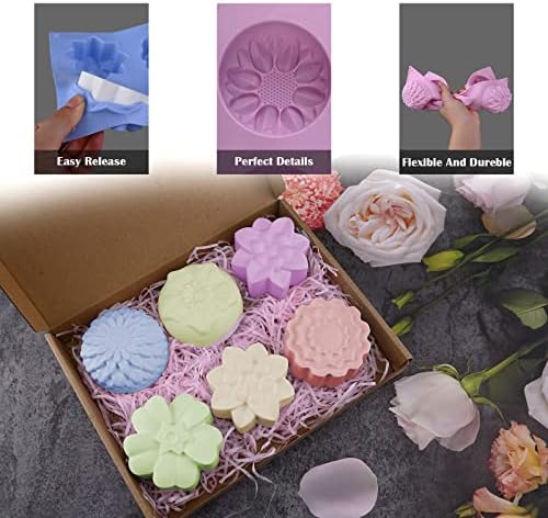2 חבילות תבניות סבון סיליקון, 6 חללים צורות פרחים שונות עובש סיליקון, ייצור מושלם לסבון, בר קרם, פצצות אמבטיה