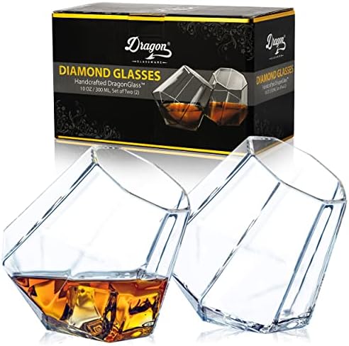 כוסות וויסקי של כלי זכוכית דרקון, כלי קוקטייל בצורת יהלום שקוף, כלי שתייה ייחודיים ליין ובורבון, אווררים טבעיים, קיבולת של 10 אונקיות, סט של 2