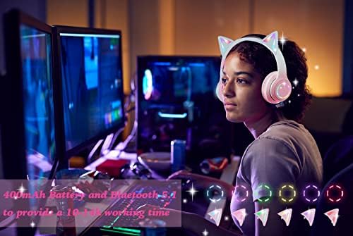 אוזניות אלחוטיות של Flokyu LED אוזן חתול מדליקות אוזניות משחקי Bluetooth לילדים/בנות/נשים, צבעים משתנים מעל אוזניות אוזניים עם מיקרופון