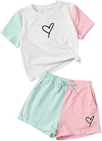 סט ספורט מזדמן בהדפס לב של בנות 2 יחידות צבע בלוק שרוול קצר חולצת טי צווארון עגול ומכנסי מסלול קדמי