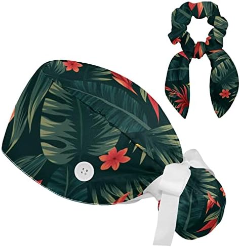 כובע עבודה מתכוונן עלים ירוקים טרופיים כובע בופנט פרח אדום עם כפתורים לשפשף כובע עם שיער קשת מקושק