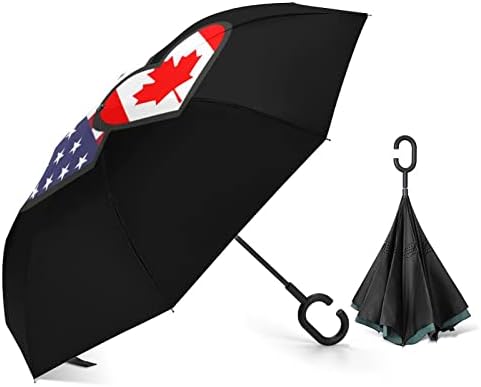 לבבות דגל קנדה אמריקאי מטריה הפוכה מטריה מתקפלת הפוכה אטומה לרוח עם ידית בצורת ג לגברים נשים