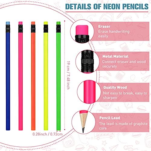 עפרונות אאוטוס ניאון לילדים HB עיפרון עץ עם מחק עפרונות עץ צבעוני פלורסנטיים צבעוניים עגולים עגולים כותבים ציור עפרונות מתגמלים לתלמידים.