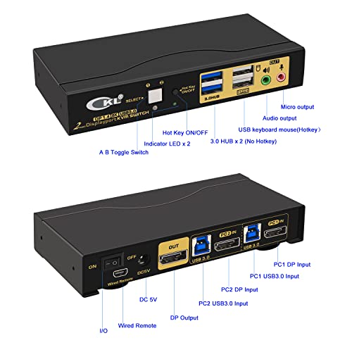 CKL 2 יציאה USB 3.0 KVM מתג DisplayPort 1.4 4K@144Hz 8K@30Hz עבור 2 מחשבים 1 צג, מסך מחשב מקלדת מקלדת עכבר העכבר התיבה של שיתוף שמע עם כל הכבלים