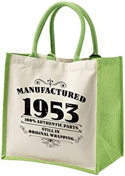 תיק יום הולדת 70 מתנות לנשים-תיקי כתף יוטה כותנה לשימוש חוזר לקניות-מיוצר 1953 ירוק-ים