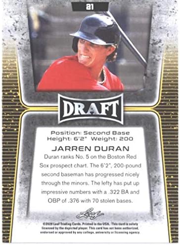 2020 דראפט עלים 21 ג'רן דוראן בוסטון רד סוקס MLB כרטיס בייסבול NM-MT
