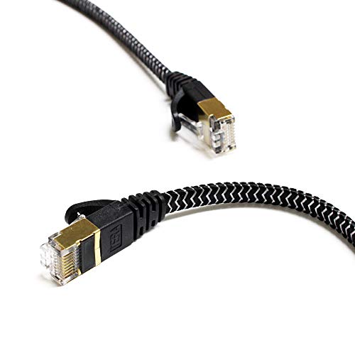 TERA GRAND - 12ft - Cat7 10 Gigabit Ethernet Ultra כבל תיקון שטוח לרשת LAN נתב מודם - ז'קט קלוע, מחברי RJ45 מוגנים זהב, מהיר יותר מ- Cat6a Cat6 Cat5e, שחור ולבן
