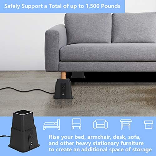 מגדלי מיטות Butizone עם יציאות חשמל ויציאות USB, ריהוט כבד מתכוונן מתכוונן מיטות מיטות מיטות בגבהים של 3, 5 או 8 אינץ 'למיטה, ספה ושולחן, תומך עד 1,500 קילוגרמים סט של 4, שחור