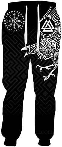 מכנסי טרנינג ויקינג נורסים קסדה של דפוס עורב של יראת יראה מכנסיים מזדמנים מכנסיים מזדמנים 3D הדפס מכנסי הופ הופ עם כיסים