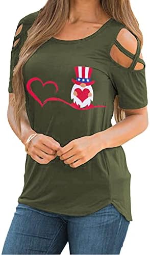 חולצות שומן לנשים נשים מקרית למעלה צוואר יום העצמאות הדפסת צבע אדמה כבוי רצועת כתף שרוול קצר