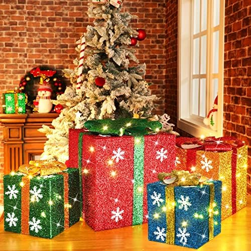 קופסאות מתנה מוארות לחג המולד LED LED לחג המולד קופסא קופסת קופסא חיצונית לחג המולד קופסאות ירוקות וצהובות אדומות עם קשתות לעץ עץ חג המולד ועיצוב מסיבת חצר