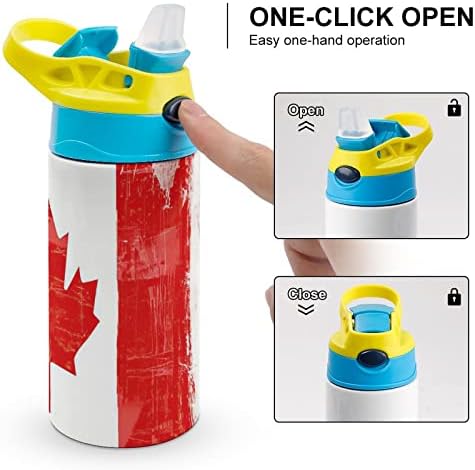 בקבוק מים לילדים, דגל קנדה בקבוק מים מבודד נירוסטה עם קש, קל פתוח ונקי הוכחה דליפה 17 עוז / 500 מ ל, אידיאלי עבור נסיעות בית הספר ופעילויות חוצות