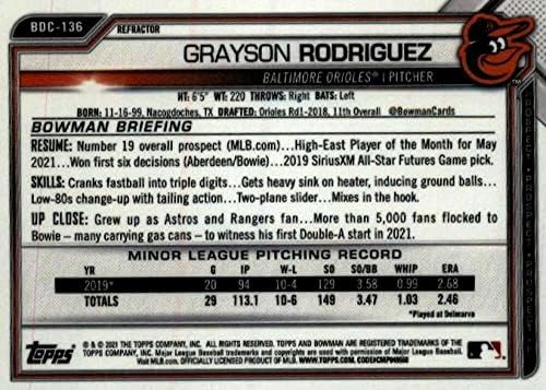 2021 Bowman Chrome Refractor BDC-136 Grayson Rodriguez RC טירון Baltimore Orioles MLB כרטיס מסחר בייסבול