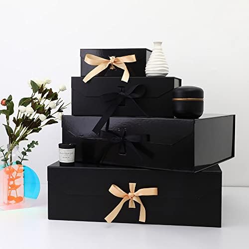 קופסת מתנה שחורה 8x7x3.3 אינץ ', קופסת מתנה יוקרתית עם סרט, קופסת מתנה ריקה עם סגירה מגנטית מכסה, קופסת חתן, קופסאות מתנה קטנות מתקפלות לאריזת מתנות
