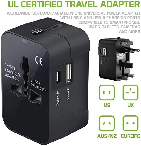 Travel USB פלוס מתאם כוח בינלאומי תואם ל- Karbonn A91 עבור כוח עולמי לשלושה מכשירים USB Typec, USB-A לנסוע בין ארהב/האיחוד האירופי/AUS/NZ/UK/CN
