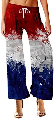 4 ביולי יוגה מכנסיים לנשים מקרית קיץ בבאגי שרוך רחב רגל מכנסיים אמריקאי דגל פסים לקשור לצבוע טרקלין מכנסיים