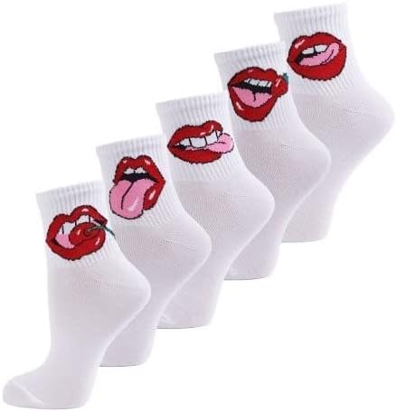 5 זוגות גרביים עם שפות אמצע עגל לבן כותנה גרביים גבוהה קרסול קל משקל לנשימה אדום נשיקת גרבי גודל 6-9