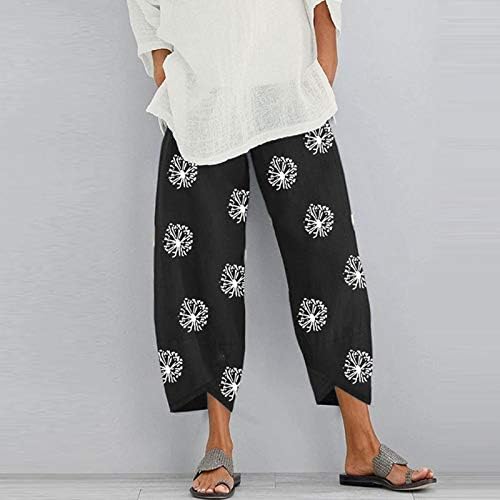 מכנסי דסודן קפרי לנשים כותנה מזדמנים פשתן מכנסיים קצוצים ברגליים קצוץ של טרקלין הדפס קיץ פלאצו פלאצו עם כיסים