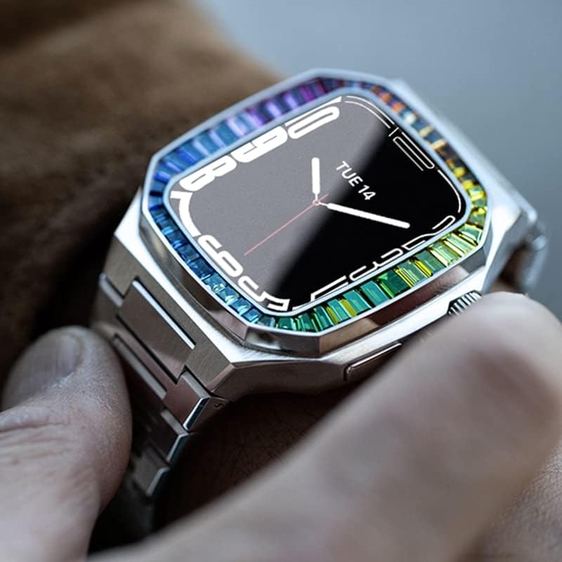 ערכת שינוי יהלום של CNHKAU עבור Apple Watch 7 45 ממ מארז נירוסטה לסדרה IWatch 6 5 4 SE 44 ממ מסגרת יוקרה של פס עור 44 ממ
