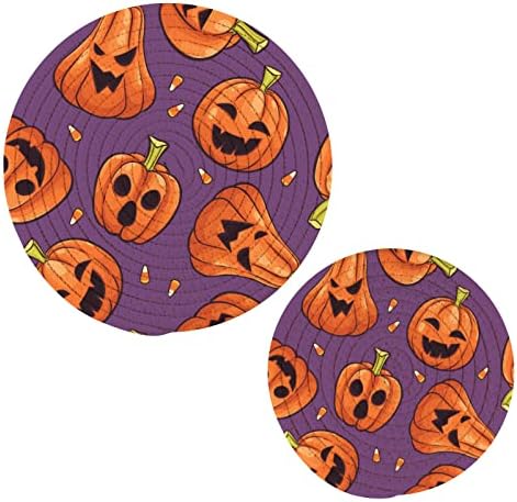 Pumkin Trivets Happy Halloween למנות חמות מחזיקי סיר סט של 2 חתיכות רפידות חמות למטבח כותנה עגולה לשלוש סירים חמים ומחבתות.