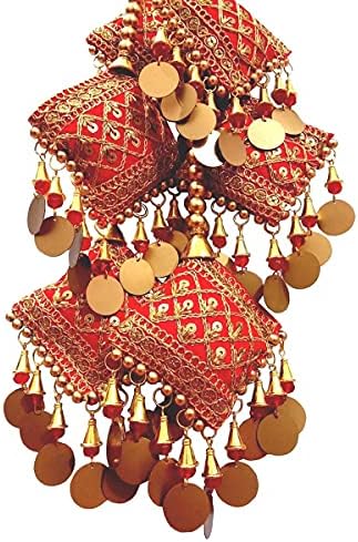 Hare Krishna חנות הודית הודי Long Lehenga אדום ואדום חרוזי זהוב מפוארים גדילים בוהו היפי תכשיטים מכינים מלאכת לאטן אתנית תפירה סארי ציצית חומר גדול