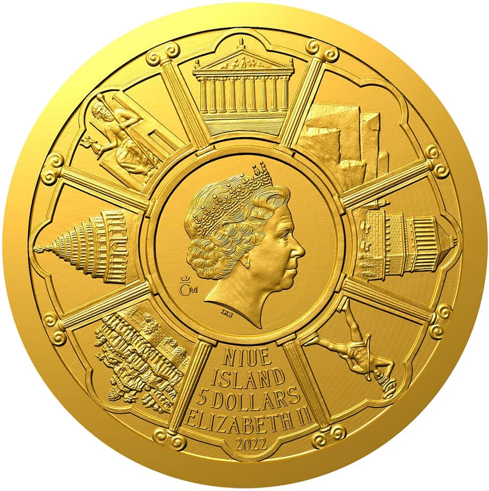 2022 DE Seven Floners Powercoin מקדש ארטמיס באפסוס של העולם העתיק 1/10 עוז מטבע זהב 5 $ niue 2022 הוכחה