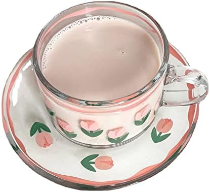 כוס זכוכית דקורטיבית של Emoyi Tulip וכוס קפה צלוחית עם כוסות שתייה של ידית לחלב מיץ קפוצ'ינו לאטה