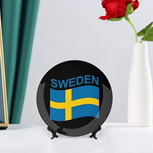 דגל של שוודיה עצם מודפסת סין צלחות דקורטיביות צלחות עגולות מלאכה עם עמדת תצוגה לארוחת קיר במשרד הביתי