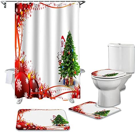 חג המולד קישוט מתנה סנטה קלאוס מקלחת וילונות עמיד למים אמבטיה וילון אסלת כיסוי מחצלת שטיח סט עבור אמבטיה דקור-4 יחידות_סט