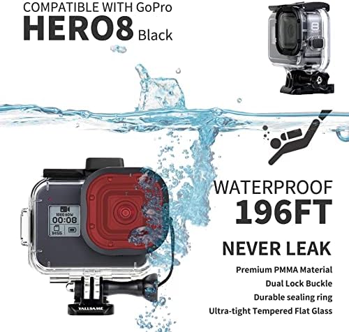 בית מארז אטום למים יאלסום עם מסנני צלילה לגיבור GoPro 8 מצלמת פעולה שחורה 60 מטרים ערכת אביזרי צלילה מגן מתחת למים עבור GoPro 8 שחור