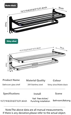 מדף זכוכית אמבטיה מדף מגבת קיר ללא תרגיל והתקנת בורג, מקלחת אמבטיה מוט מגבת כפול עם מלון מדף