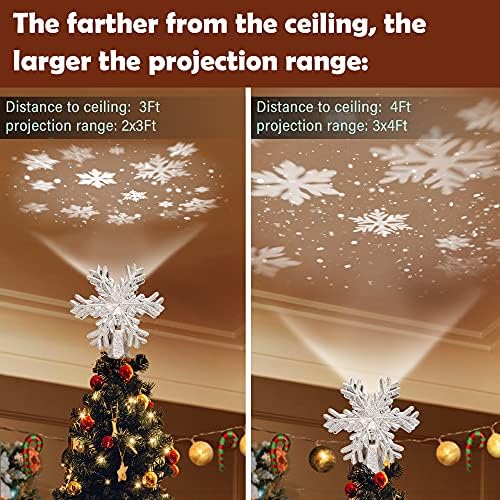 טופר עץ חג המולד של Xuanmuque נצנצים נצנצים מוארים טופר עץ פתית שלג עם מקרן LED מסתובב אור על התקרה, קישוט לחג המולד לקישוטים לעץ חג המולד, כסף, XMQ239-P