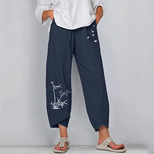 מכנסי קפרי AAYOMET לנשים, מכנסי הקאפרי המותניים הגבוהים של נשים מכנסיים מותניים אלסטיים נעימים סגנון אתני מכנסיים מודפסים