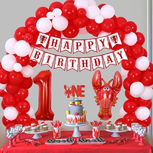 סרטנים קישוטים למסיבת יום הולדת 1, לובסטר אדום יום הולדת באנר - נצנצים סרטנים עוגת טופר אחת & מגבר; בלונים באנר כיסא עבור ספקי צד יום הולדת בן שנה