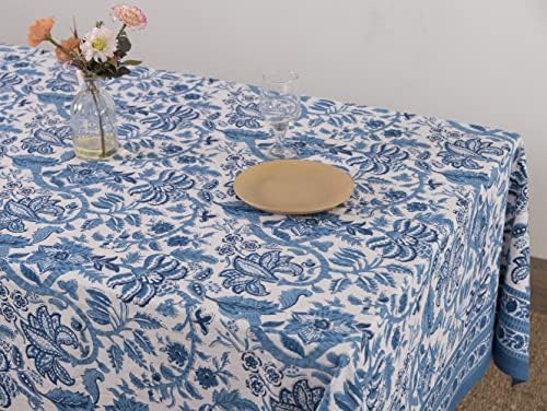Labhanshi Block Block Print מפות שולחן, כיסוי שולחן כותנה פרחוני, שולחן ג'איפור כחול, שולחן מלבן בד בוהו שולחן שולחן אוכל כיסוי שולחן